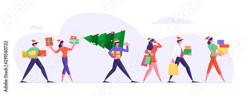 Business People Walking on Corporate Party with Gifts and Greetings. Happy Colleagues Carrying Christmas Tree and Presents Preparing for Winter Season Holidays Event. Cartoon Flat Vector Illustration