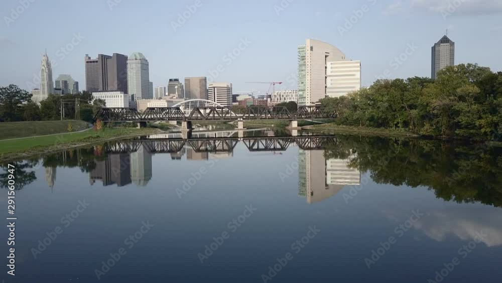 Drone flying away from the Columbus Ohio skyline Drone flying away from the Columbus Ohio skyline