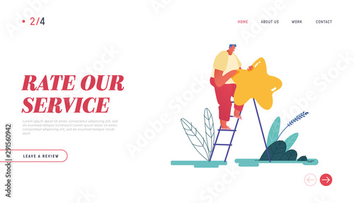 Landing Page, web design, banner with Man leaving review. Customer experience and satisfaction, positive feedback, five star rating, product or service review and evaluation. Vector illustration