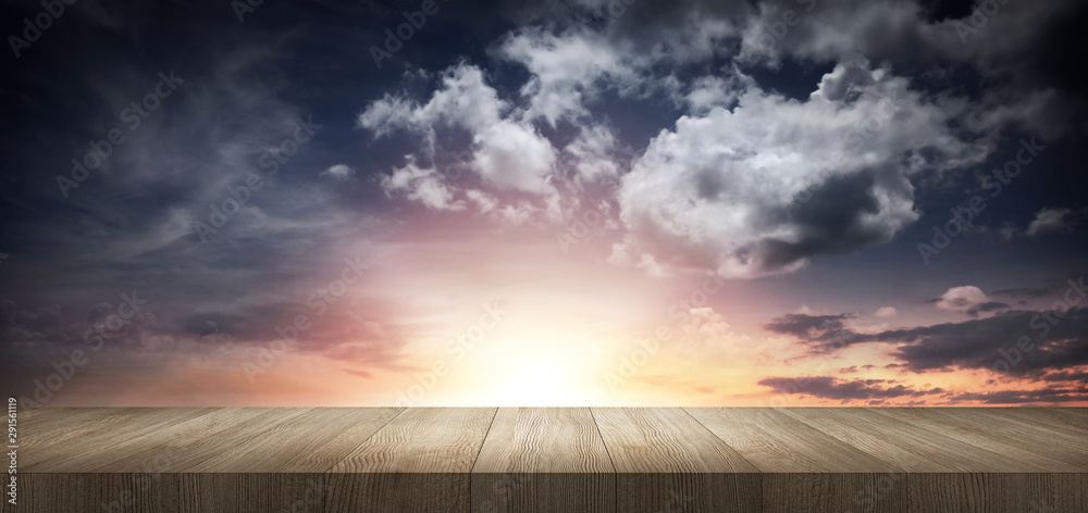 Wood Board Table Top Background with Sunset Sky Clouds Wood Board Table Top Background with Sunset Sky Clouds
