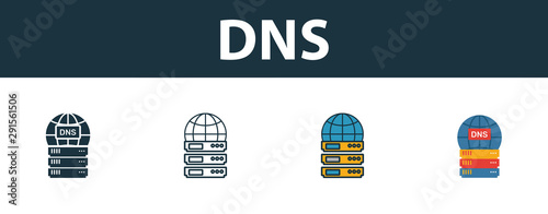 Dns icon set. Four simple symbols in diferent styles from web hosting icons collection. Creative dns icons filled, outline, colored and flat symbols