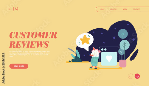 Woman leaving review for web design, banner, landing page. Customer experience and satisfaction, positive feedback, five star rating, product or service review and evaluation. Vector illustration