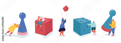 Set of People characters playing board game, throwing the dice. Business risk and gambling concept. Strategic planning, Teamwork concept. Winning Male and Female Illustration. Cartoon vector