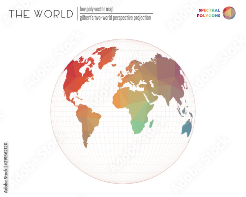 World map with vibrant triangles. Gilbert s two-world perspective projection of the world. Spectral colored polygons. Beautiful vector illustration.