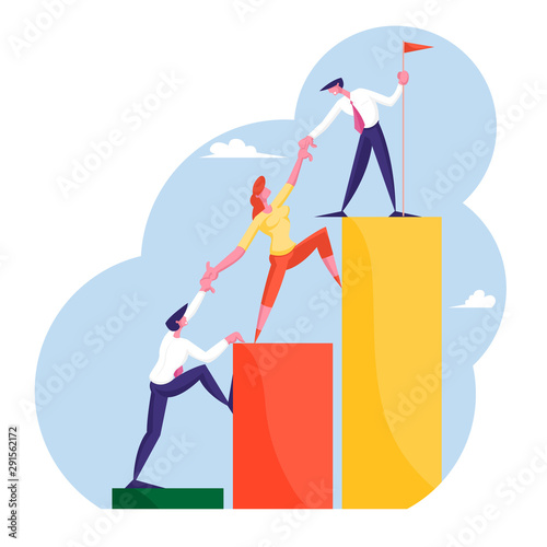 Business People Climbing Up Financial Graph and Chart Stairs Set Up Flag on Top. Career Ladder with Characters. Team Work, Challenge Partnership and Leadership Concept Cartoon Flat Vector Illustration