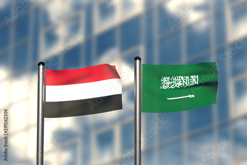 3d render of an flag of Jemen and Saudi Arabia, in front of an blurry background, with a steel flagpole photo