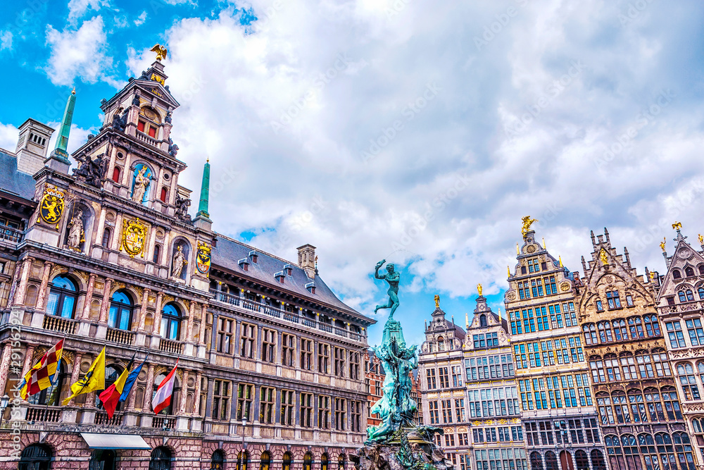 Grote Markt square with famous Statue of Brabo and medieval guild houses in Antwerp, Belgium