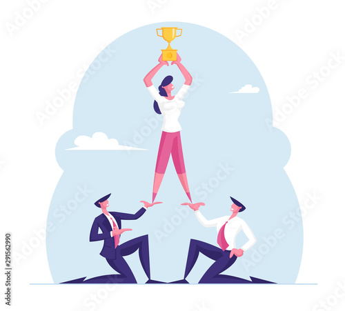 Successful Dream Team, Business Development and Team Work. Businessmen Pyramid to Reach Golden Trophy Goblet. Creative People Teamwork Cooperate for Goal Achievement Cartoon Flat Vector Illustration