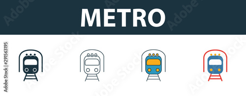 Metro icon set. Four simple symbols in diferent styles from transport icons collection. Creative metro icons filled, outline, colored and flat symbols