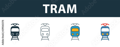 Tram icon set. Four simple symbols in diferent styles from transport icons collection. Creative tram icons filled, outline, colored and flat symbols