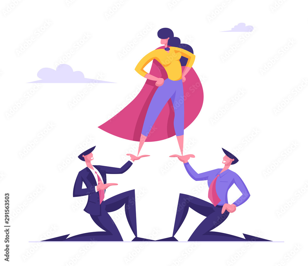 Business Woman in Super Hero Cloak Stand on Top of Pyramid with Arms Akimbo. Business Men Holding Successful Colleague or Company Leader on Hands. Corporate Hierarchy Cartoon Flat Vector Illustration