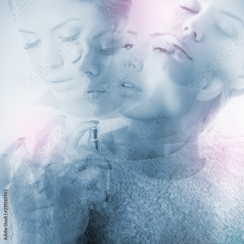Fototapeta Naklejka Na Ścianę i Meble -  Double exposure of girl with perfume, young beautiful woman holding bottle of perfume and smelling aroma, toned soft beige and noise added