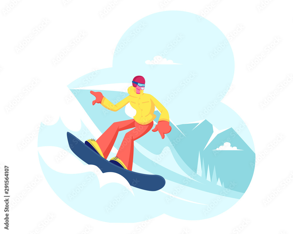 Happy Girl Riding Snowboard by Snow Slopes during Winter Time Season Holidays. Sportswoman Having Fun on Ski Resort Going Downhill. Travel Activity Entertainment. Cartoon Flat Vector Illustration