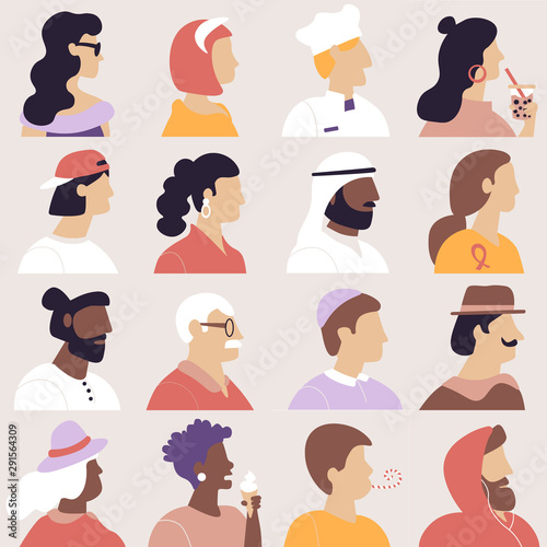 Set of cool avatars in flat design style. Icons  people in profile of different ages and nationalities. Vector illustration.