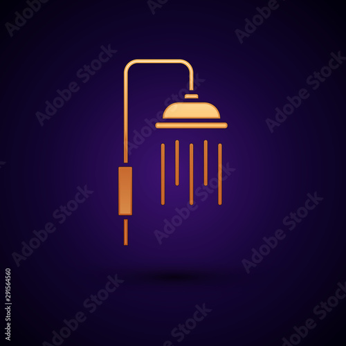 Gold Shower head with water drops flowing icon isolated on dark blue background. Vector Illustration