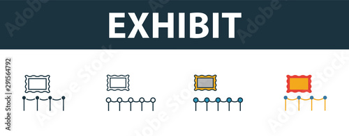 Exhibit icon set. Four simple symbols in diferent styles from tourism icons collection. Creative exhibit icons filled, outline, colored and flat symbols