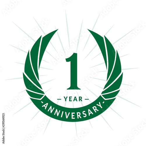 1st year anniversary celebration design. One years logotype. Green vector and illustration.