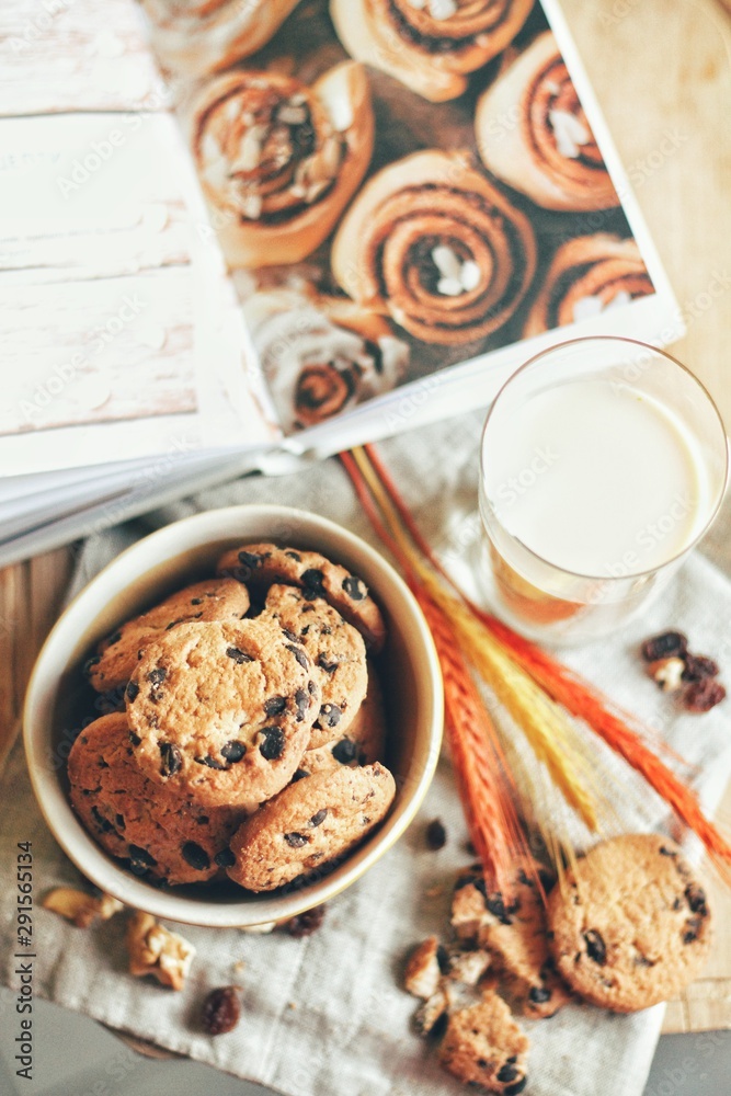 Tasty cookies or biscuits and milk, home comfort