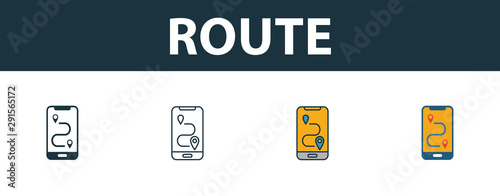 Route icon set. Four simple symbols in diferent styles from tourism icons collection. Creative route icons filled, outline, colored and flat symbols