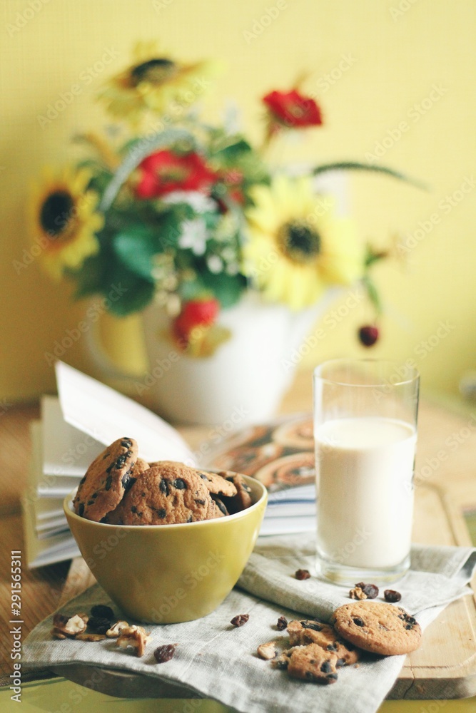 Tasty cookies or biscuits and milk, home comfort