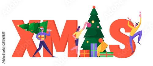 Office Christmas Party Celebration Concept. Joyful Manager Characters in Santa Hats Celebrating New Year around Huge Xmas Typography Poster Banner Flyer Brochure. Cartoon Flat Vector Illustration