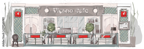 Street cafe hand drawn sketch. Cartoon drawing.