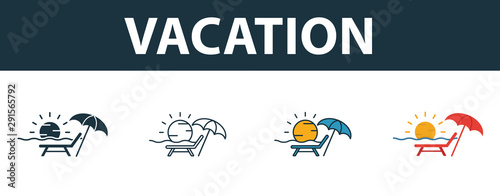 Vacation icon set. Four simple symbols in diferent styles from tourism icons collection. Creative vacation icons filled, outline, colored and flat symbols