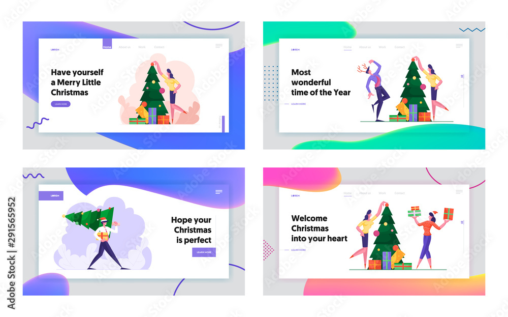 Cheerful Colleagues Celebrate Xmas Party in Office Website Landing Page Set. Happy People Having Fun. Joyful Managers Dance and Decorate Christmas Tree Web Page Banner Cartoon Flat Vector Illustration