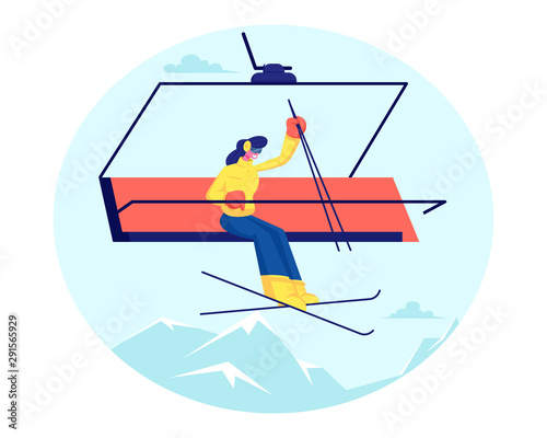 Pretty Woman Skier Go Up Hill on Rope Funicular with Skis and Poles Having Fun on Resort
