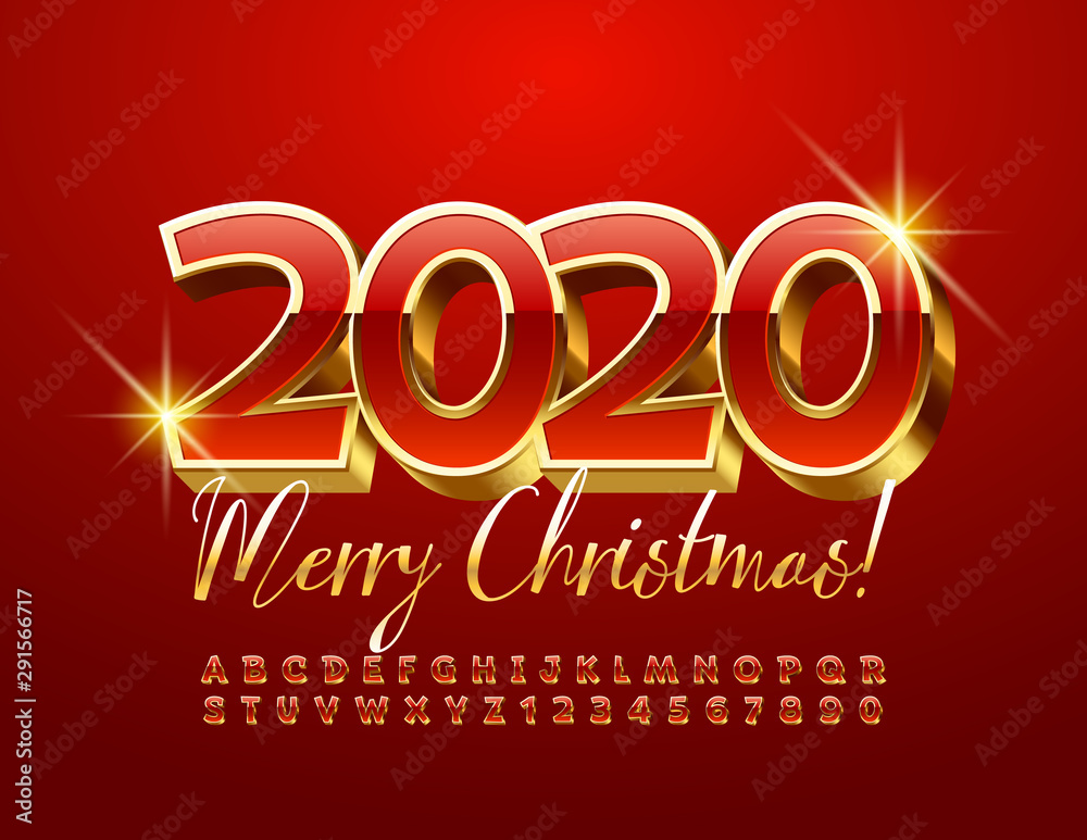 Vector chic greeting card Merry Christmas 2020! Golden and Red 3D Font. Premium Uppercase Alphabet Letters and Numbers