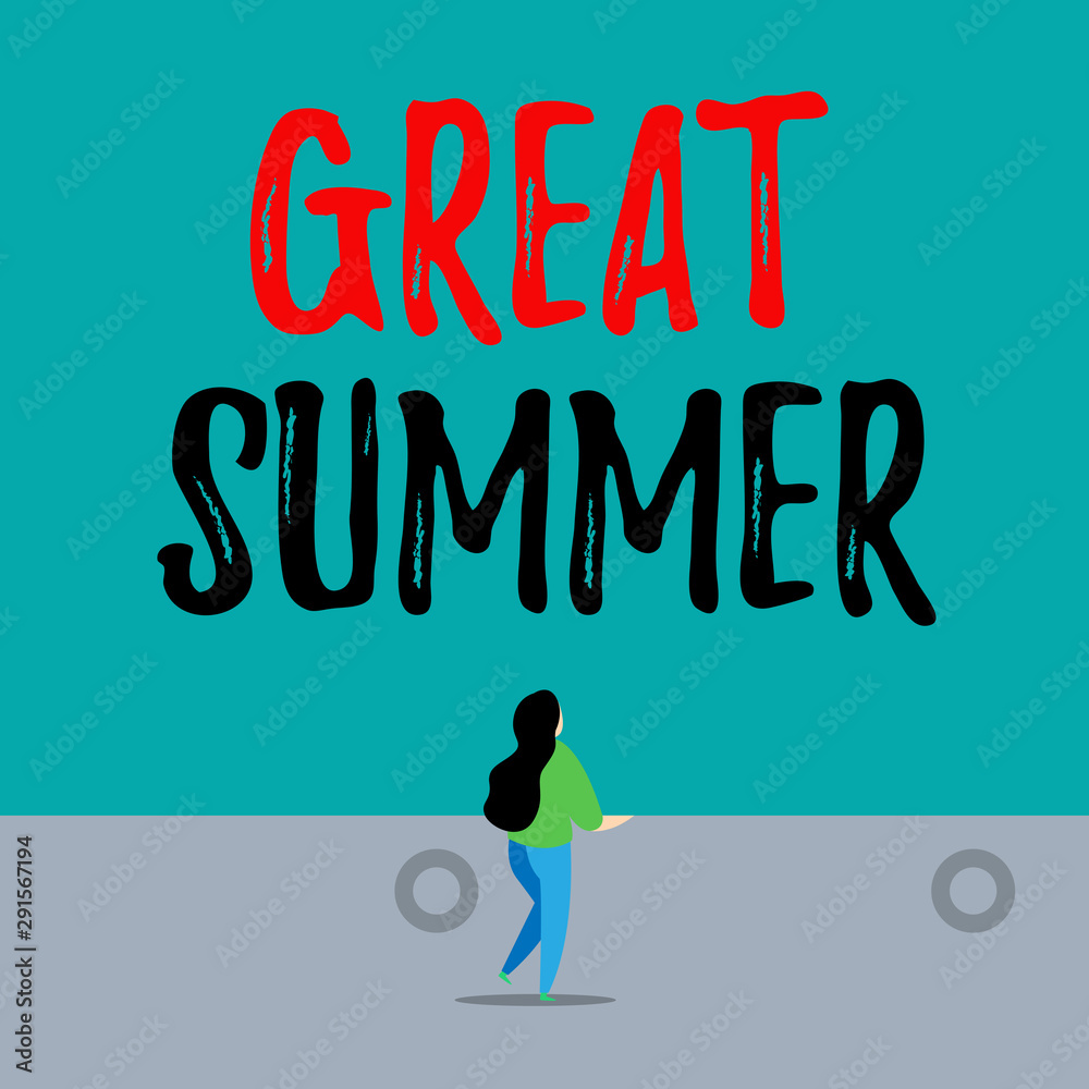 Handwriting text writing Great Summer. Conceptual photo Having Fun Good Sunshine Going to the beach Enjoying outdoor Back view young long hair woman holding big blank square announcement Handwriting text writing Great Summer. Conceptual photo Having Fun Good Sunshine Going to the beach Enjoying outdoor Back view young long hair woman holding big blank square announcement