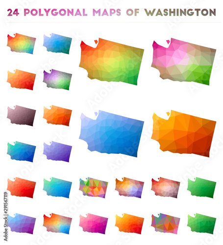 Set of vector polygonal maps of Washington. Bright gradient map of US state in low poly style. Multicolored Washington map in geometric style for your infographics.