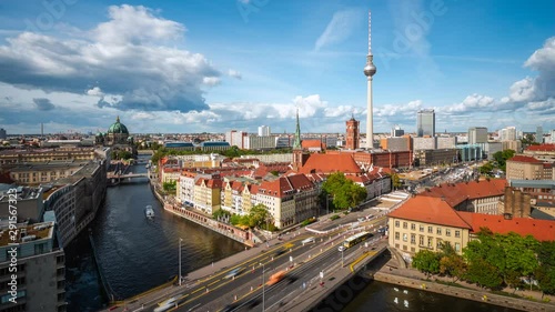 Wallpaper Mural Berlin, Germany, time lapse view of Central Berlin showing TV Tower, Berlin Cathedral (Berliner Dom) and tour boats on the Spree River during daytime in fall season.  Torontodigital.ca