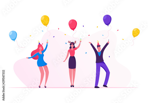 Joyful Friends or Colleagues Team Celebrating Christmas Together. Happy Business Man and Woman in Funny Hat Having Fun Drinking Champagne at Corporate Office Party Cartoon Flat Vector Illustration © Sergii Pavlovskyi