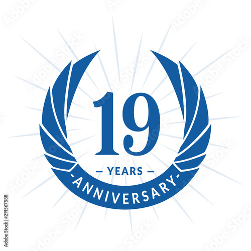 19th years anniversary celebration design. Nineteen years logotype. Blue vector and illustration.