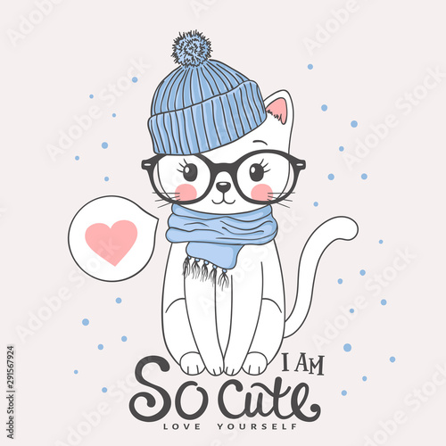 Cute cat with knitted cap, scarf, glasses. Winter time. I am So Cute slogan. Cartoon vector illustration