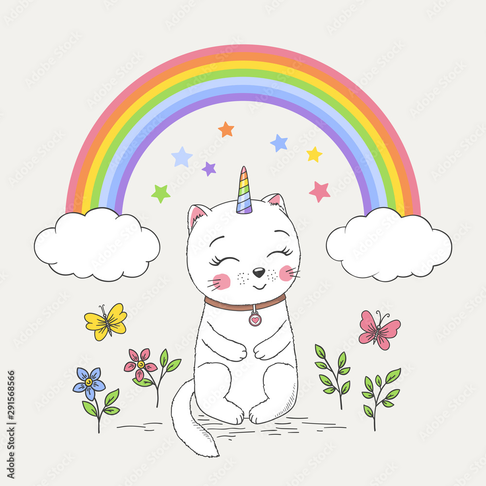 Naklejka premium Cute unicorn cat with rainbow, clouds, flower, butterfly. Cartoon vector illustration
