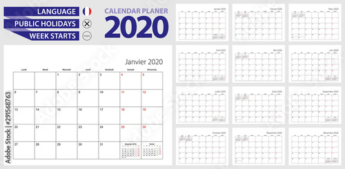 French calendar planner for 2020. French language, week starts from Monday. Vector calendar template for France, Canada, Belgium, Cameroon and other.