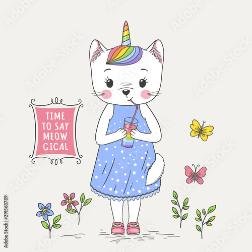 Cute unicorn cat girl drinking rainbow juice. Cartoon vector illustration