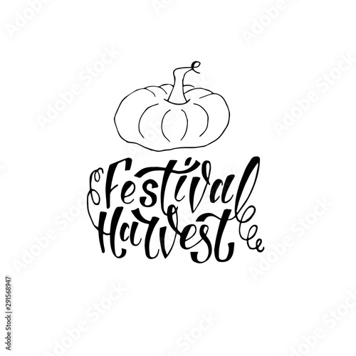 Hand sketched autumn lettering Harvest Festival with pumpkin drawing. Modern brush calligraphy. Handwritten vector illustration isolated on white background for cards, posters, banners, logo, tags.