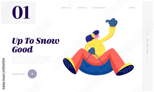 Wintertime Outdoors Activity and Spare Time Website Landing Page. Young Woman Having Fun Sledding Hill on Tubing at Winter. Christmas New Year Holidays Web Page Banner Cartoon Flat Vector Illustration