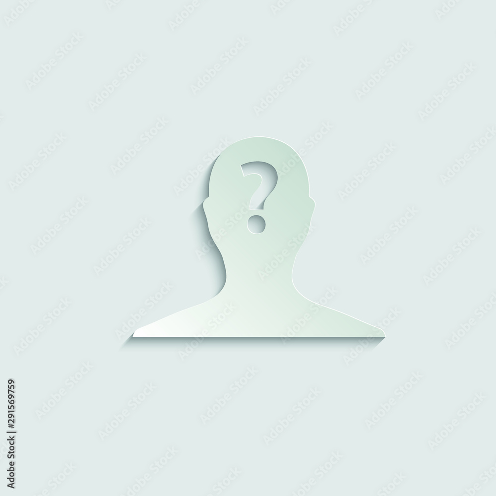 person with question mark. Male icon. Human face with question mark in message symbol. paper icon with shadow person with question mark. Male icon. Human face with question mark in message symbol. paper icon with shadow