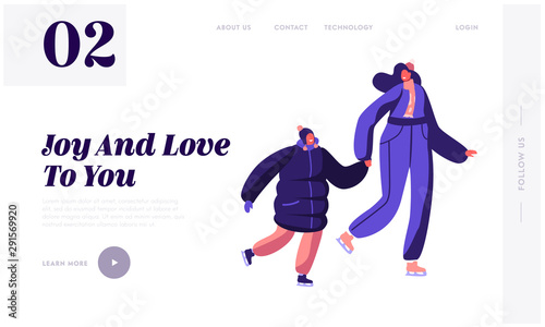 Happy Family Outdoor Skating Winter Activity Website Landing Page. Mother and Little Daughter Spend Time in Park Have Skating Leisure on Open Air Rink Web Page Banner. Cartoon Flat Vector Illustration