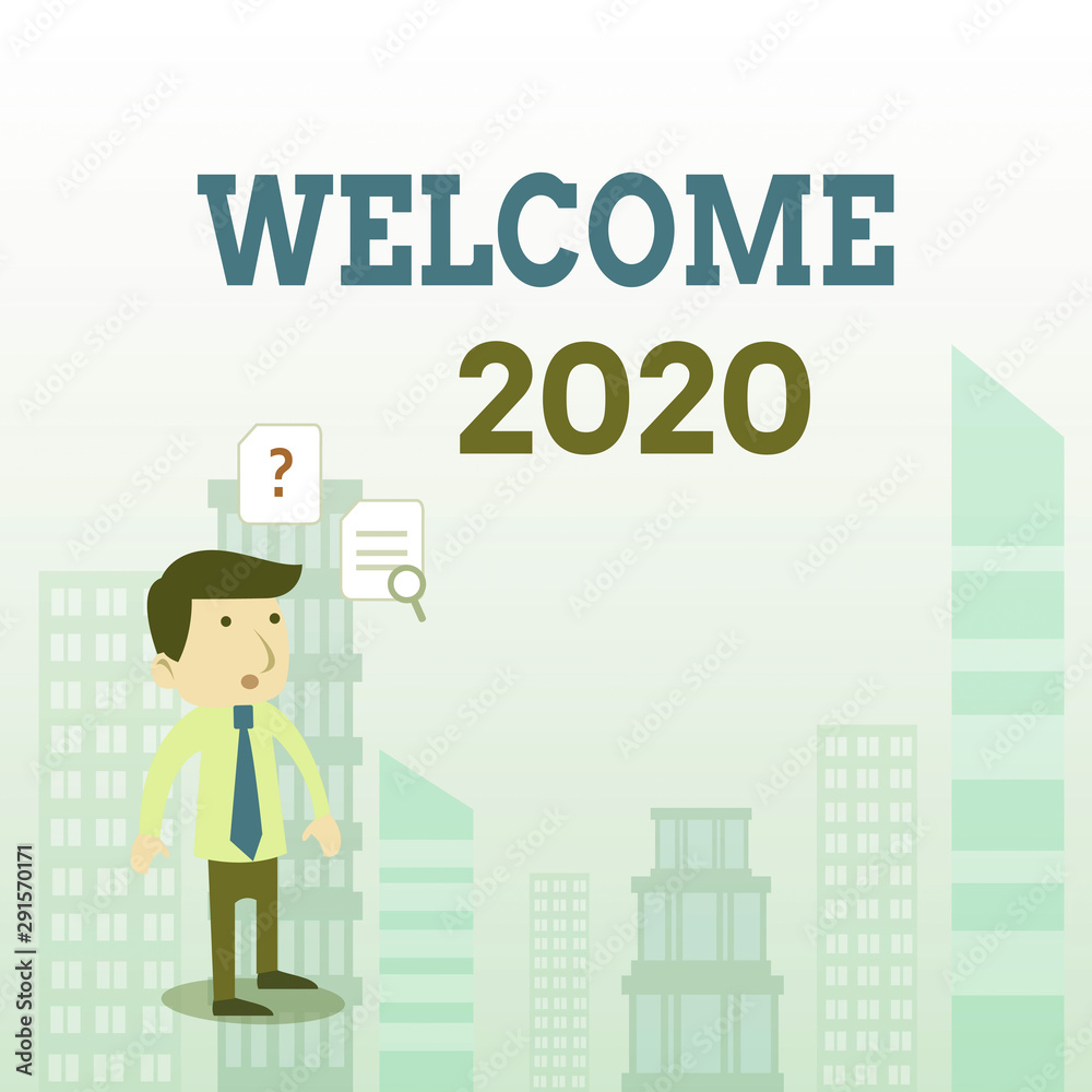 Writing note showing Welcome 2020. Business concept for New Year Celebration Motivation to Start Cheers Congratulations Young Male Businessman Worker Searching Problem Solution Writing note showing Welcome 2020. Business concept for New Year Celebration Motivation to Start Cheers Congratulations Young Male Businessman Worker Searching Problem Solution