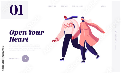 Wintertime Holidays Entertainment Website Landing Page. Happy Loving Couple in Warm Dress Holding Hands Skating Outdoors on Frozen Pond in Winter Park Web Page Banner. Cartoon Flat Vector Illustration