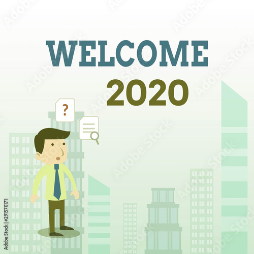 Writing note showing Welcome 2020. Business concept for New Year Celebration Motivation to Start Cheers Congratulations Young Male Businessman Worker Searching Problem Solution