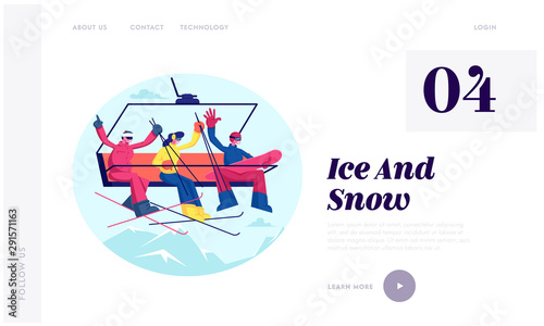 Sportsmen Go Up Hill on Rope Mountain Funicular Website Landing Page. Skiers and Snowboarder with Equipment Group of Friends Having Fun on Ski Resort Web Page Banner. Cartoon Flat Vector Illustration