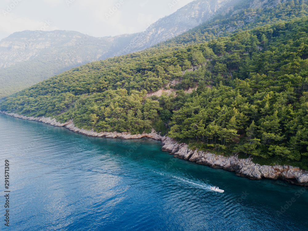 Aerial view of rocky coastline of Gokova Bay Mugla Turkey