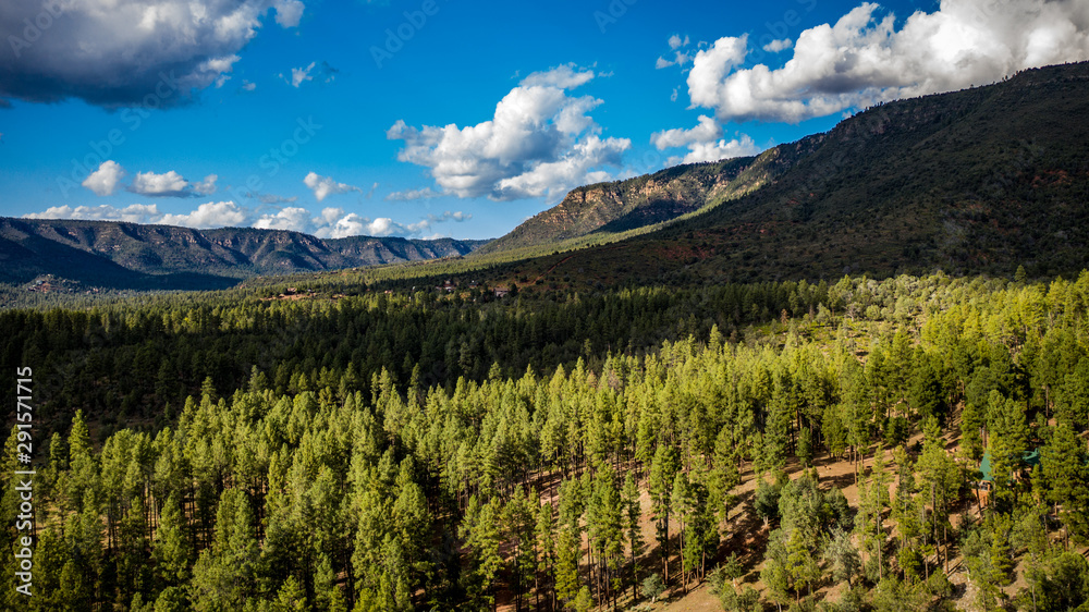 Aerial view of the Tonto National Forest from above the Pine Trailhead in Arizona with blue sky, white clouds and green ponderosa pines Aerial view of the Tonto National Forest from above the Pine Trailhead in Arizona with blue sky, white clouds and green ponderosa pines