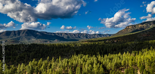Aerial view of the Tonto National Forest from above the Pine Trailhead in Arizona with blue sky,  white clouds and green ponderosa pines 
